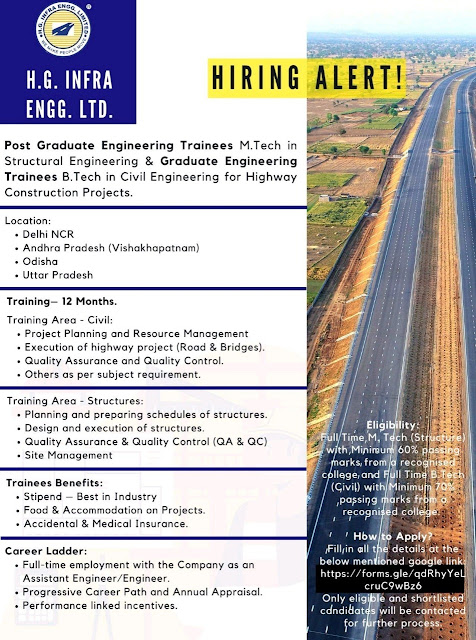 H.G INFRA ENGINEERING LTD - Hiring for Post Graduate Engineering Trainee (Civil) AndhraShakthi - Pharmacy Jobs