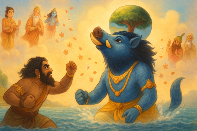 The Birth of Varaha Avatar and the Slaying of Hiranyaksha