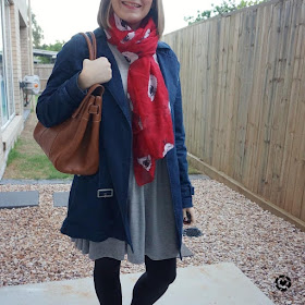 awayfromtheblue Instagram navy macintosh grey skater dress mulberry bayswater bag pop of colour red animal sheep print scarf