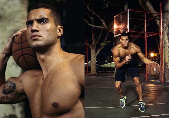 Devin Goda by Erik Carter shirtless male black mixed model athlete dribbling basketball