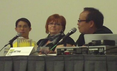 Gene Yang, Gail Simone and Jeff Yang at a San Diego Comic-Con '09 panel about diversity in superhero comics. Photo by Jimmy J. Aquino.