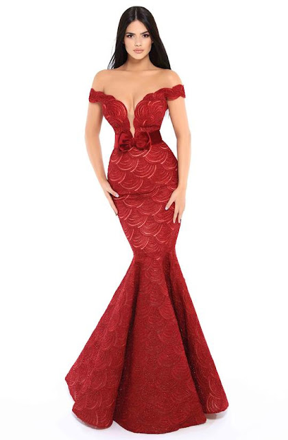 TARIK EDIZ - 93724 LACE ACCENTED PLUNGING OFF-SHOULDER MERMAID DRESS