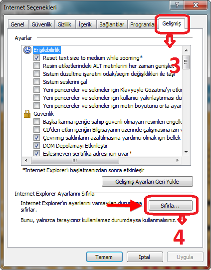 internet explorer sıfırlama