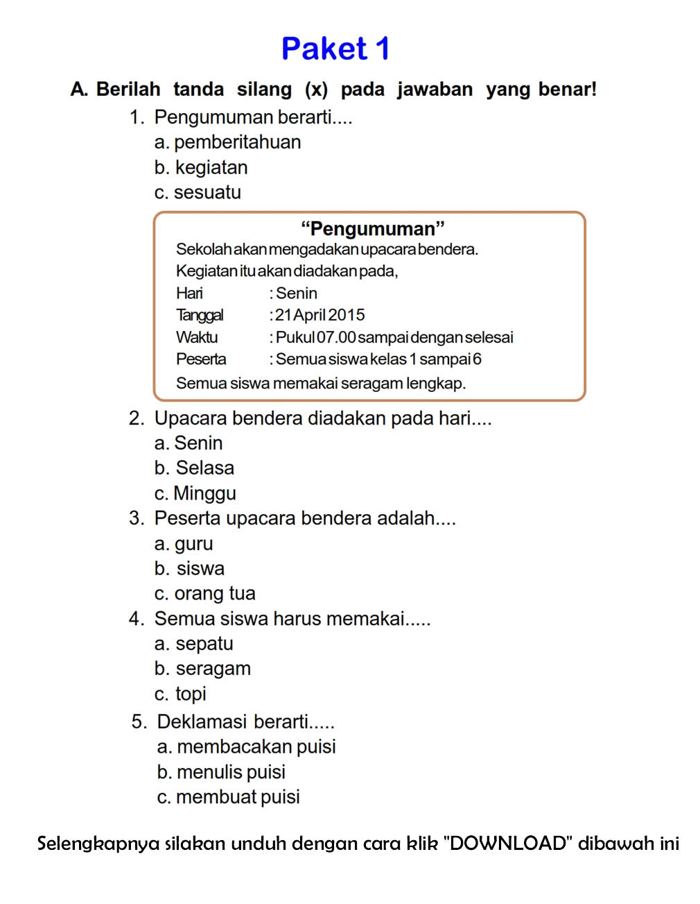 Download Soal UTS Ganjil Bahasa Indonesia Kelas 2 Semester 