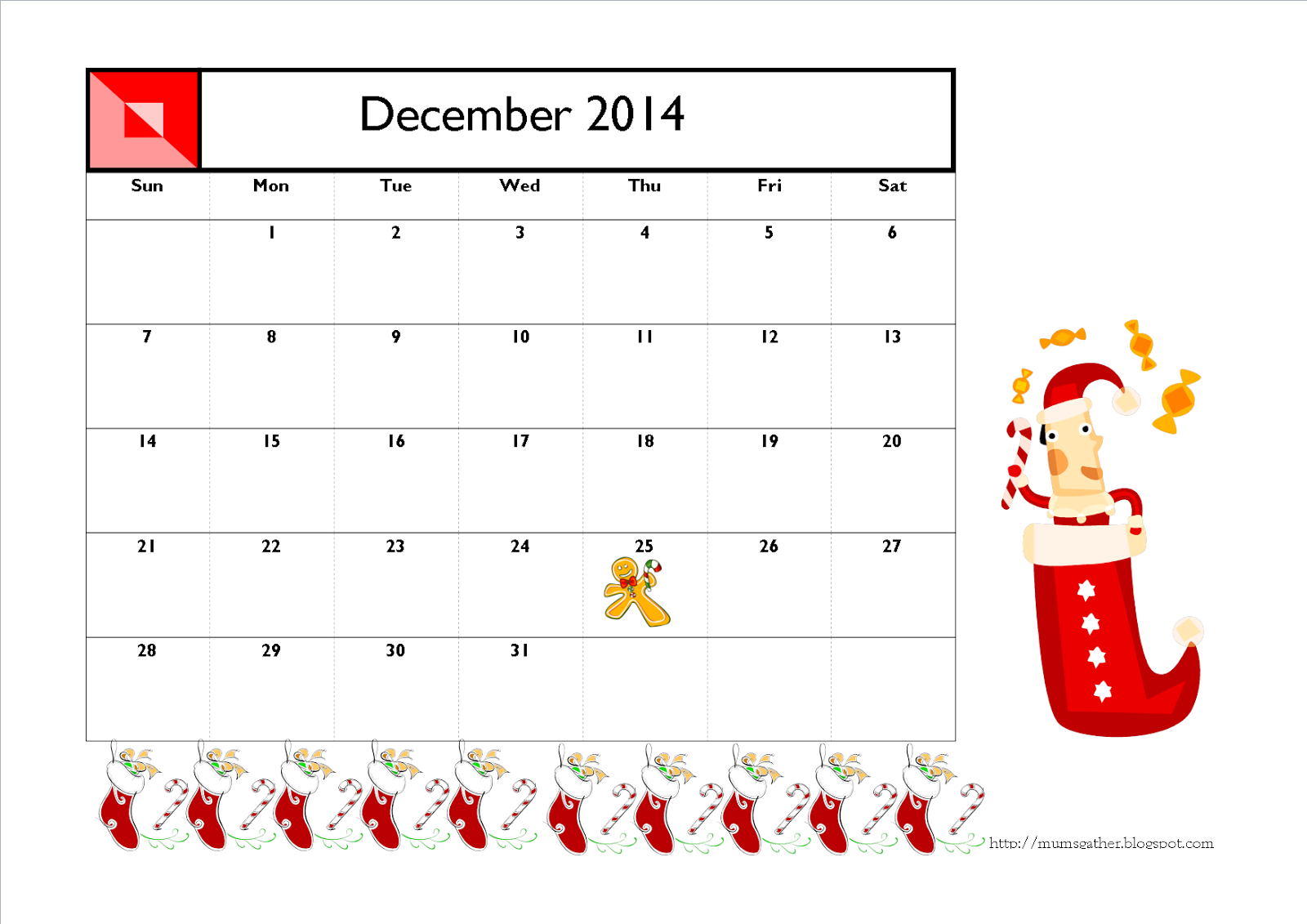 Free Printable December 2014 Calendar For Kids Santa