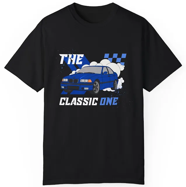 Comfort Colors Car T-Shirt With Blue Black and White Modern Cartoon Illustration Classic Car and Caption The Classic One