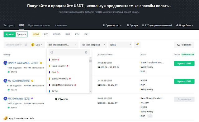 Оплата Zinli в P2P-торговле на Binance