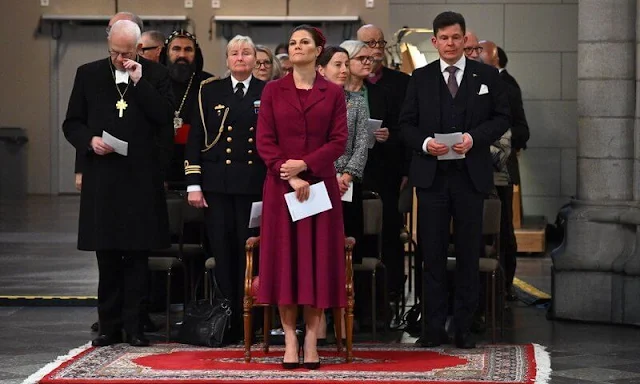 Crown Princess Victoria wore a wine red midi dress by Camilla Thulin, and a red jacket by Andiata
