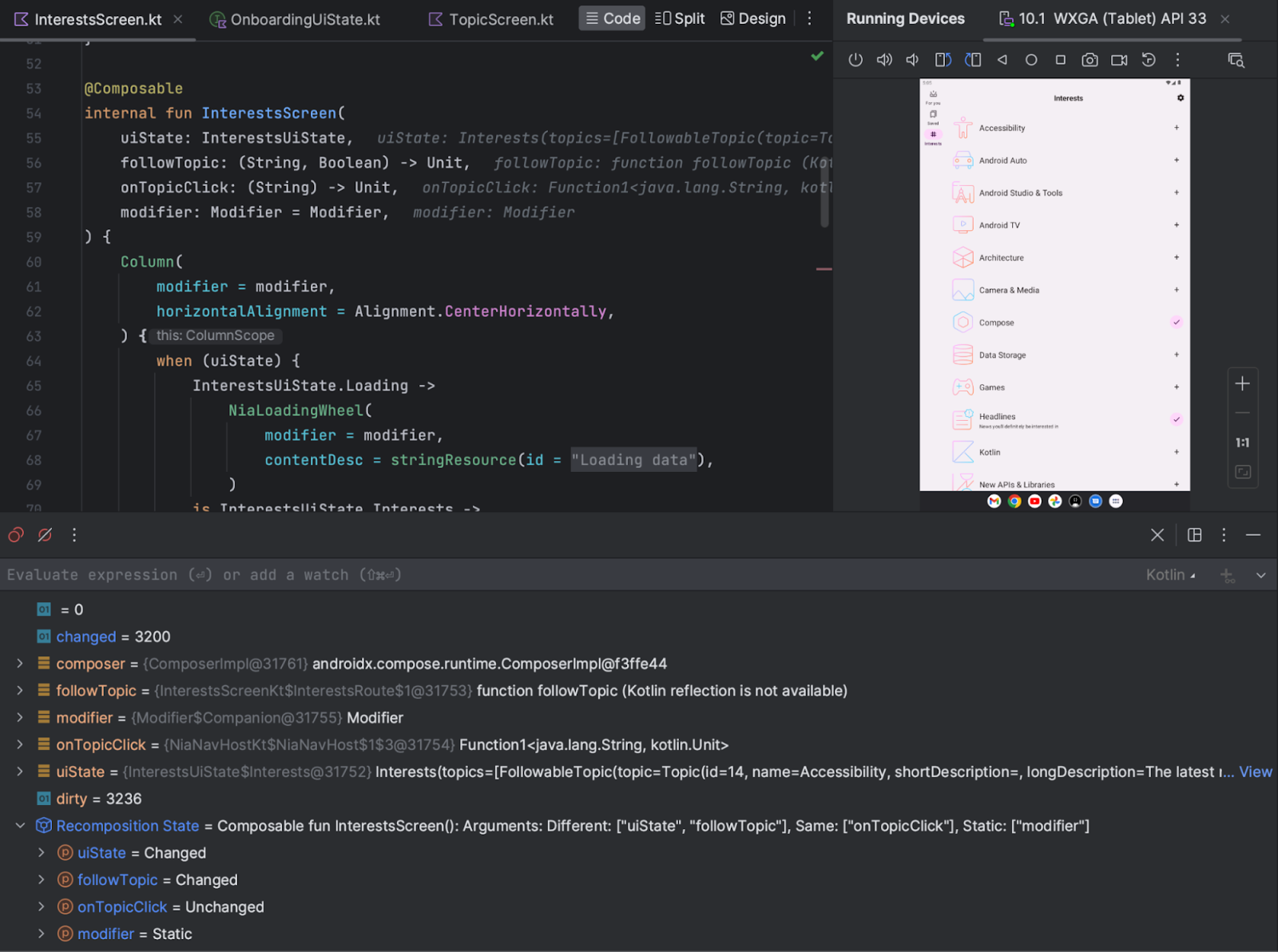 Screengrab showing Compose state information in the debugger