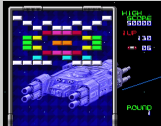 Arkanoid: Doh It Again Pong game display with space ship in the bottom of the screen plus the score and ships left