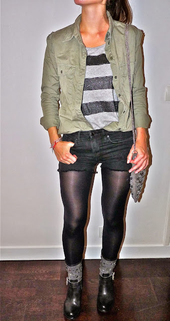 Blog Mode Fashion Fashionblog Blogmode EmilyFashioNAndBeauty Tee Claudie Pierlot - Chemise Maje - Short H&M - Boots Méliné (en promotion avec -20%) - Sac Et Vous x La Redoute