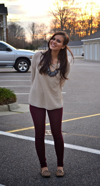 Pale Taupe Long Sleeve Sweater With Burgundy Leging And Leopard Shoes