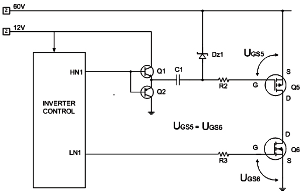 Hình 6 - Chức năng của cặp C1 và Dz1 là tạo ra điện áp phân cực cho đèn Q5 (Mosfet thuận) có điện áp UGS  tương đương với UGS của đèn Q6. 