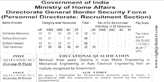 Diploma Mechanical Engineering or Automobile Engineering or Auto Electrical Engineering Jobs in BSF