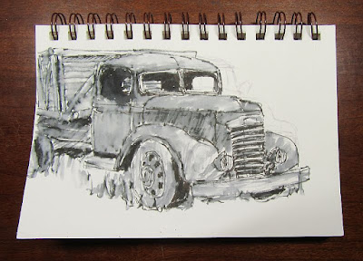 abandoned gmc truck pen ink sketch