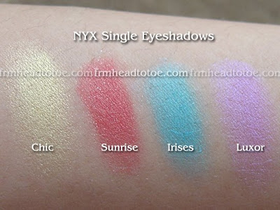 Swatches of Single Eyeshadows in Chic, Sunrise, Irises, and Luxor