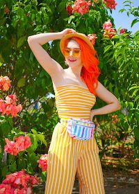 Cute yellow jumpsuit and rainbow fannypack outfit