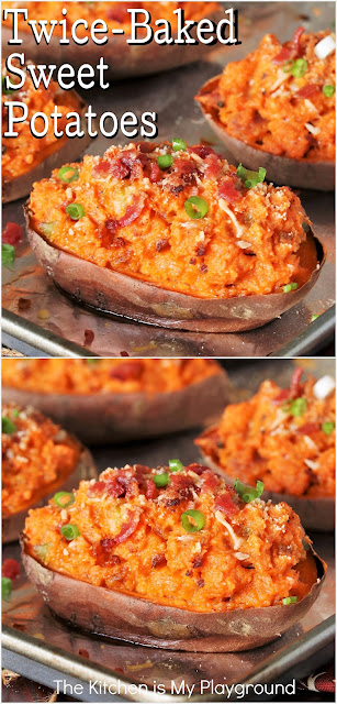 Twice-Baked Sweet Potatoes ~ Load sweet potatoes with tasty bacon & green onion and bake them twice to make them extra delicious! Twice-Baked Sweet Potatoes are a perfect side for Thanksgiving, Christmas, or any everyday meal.  www.thekitchenismyplayground.com