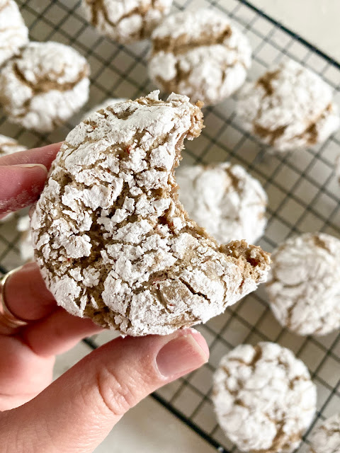 A hand holding a carrot cake cookie with a bite taken out of it.