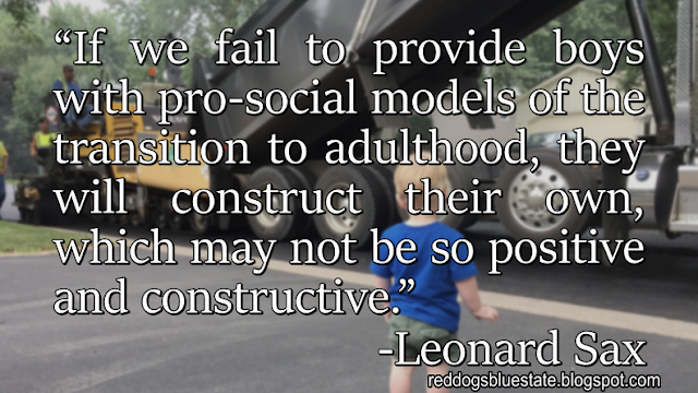 “If we fail to provide boys with pro-social models of the transition to adulthood, they will construct their own, which may not be so positive and constructive.” -Leonard Sax