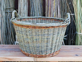 blue laundry basket, round, willow