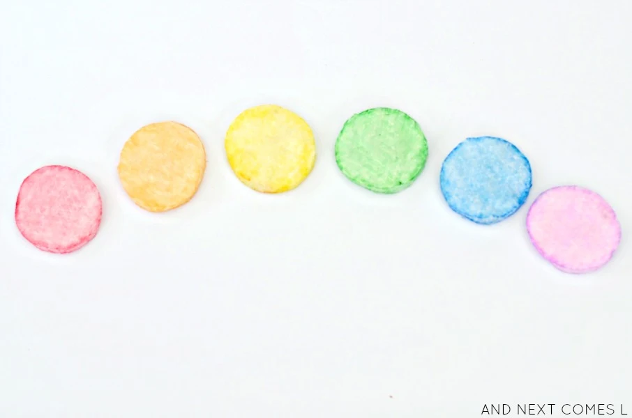 Rainbow dyed cotton pads scented with essential oils from And Next Comes L