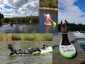 Neljän kuvan kimara - kaksi suppailukuvaa, yksi kuivapukuinen suppailija ja suppilauta laiturilla ja sen päällä pääseisonnassa oleva joogaaja