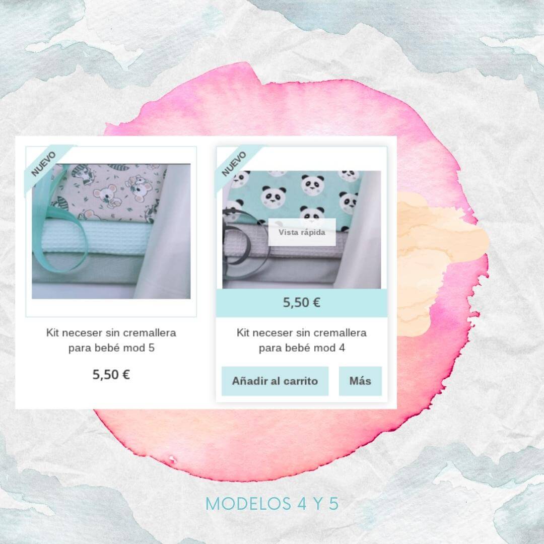 Imagen con fondo acuarelado en tonos blancos, rosas y anarajandos. Sobre ese fondo van las imágenes de los models 4 y 5 de los kits