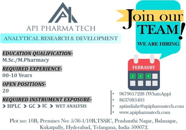 API Pharmatech | Freshers and Expd in Analytical R&D at Hyderabad | Send CV