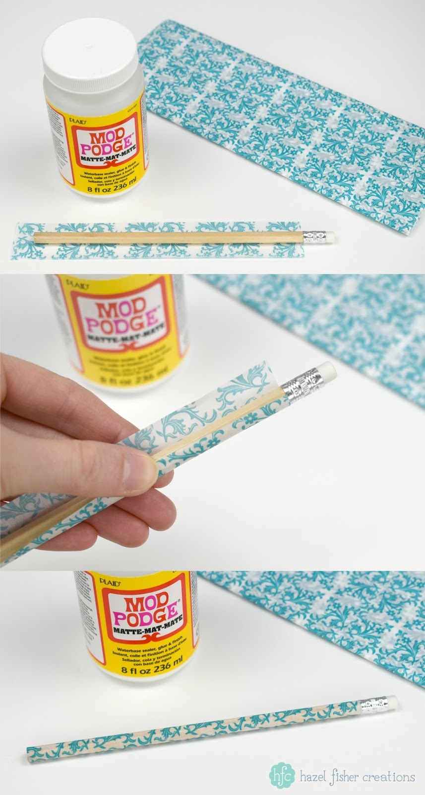 3 Techniques to Decorate Pencils - back to school diy stationery project; Mod Podge and tissue paper. Hazel Fisher Creations