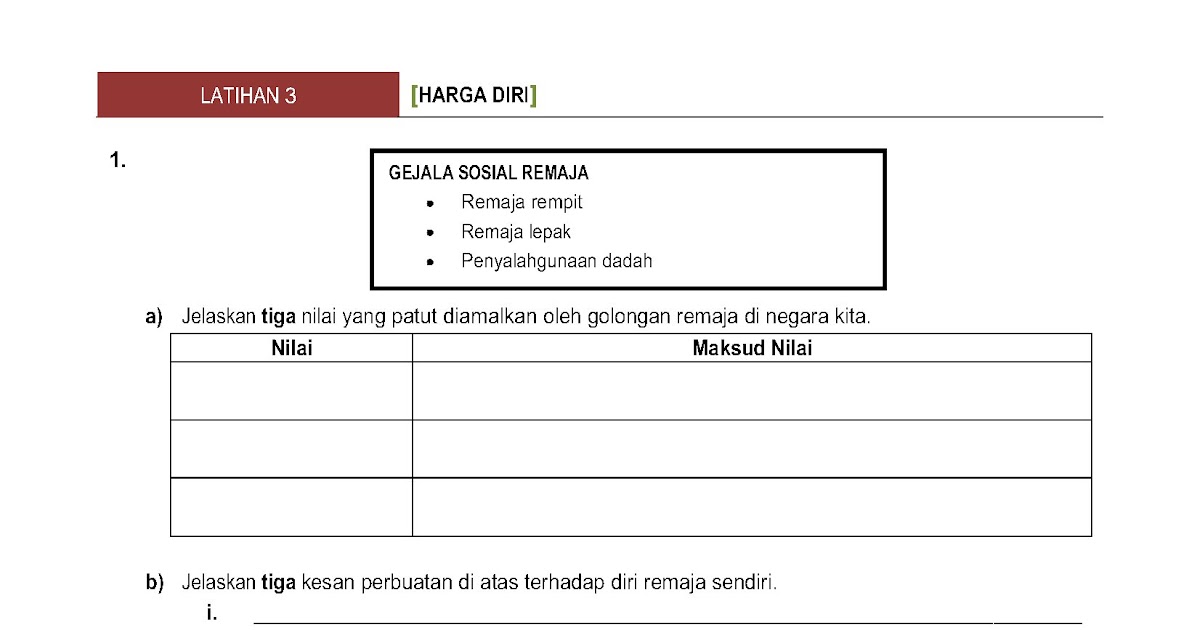 PANITIA PENDIDIKAN MORAL: Latihan 3: Nilai Harga Diri