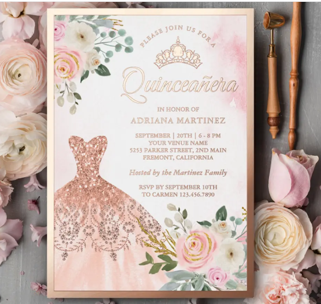 Beautiful rose gold quinceanera dress invitations