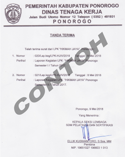 Cara Mengisi Laporan Semester LPK ke Lemsarnet, Contoh  tanda terima