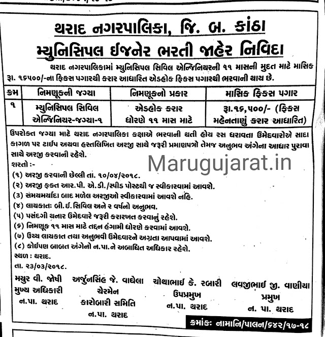 Tharad Nagarpalika Recruitment for Municipal Engineer Post 2018