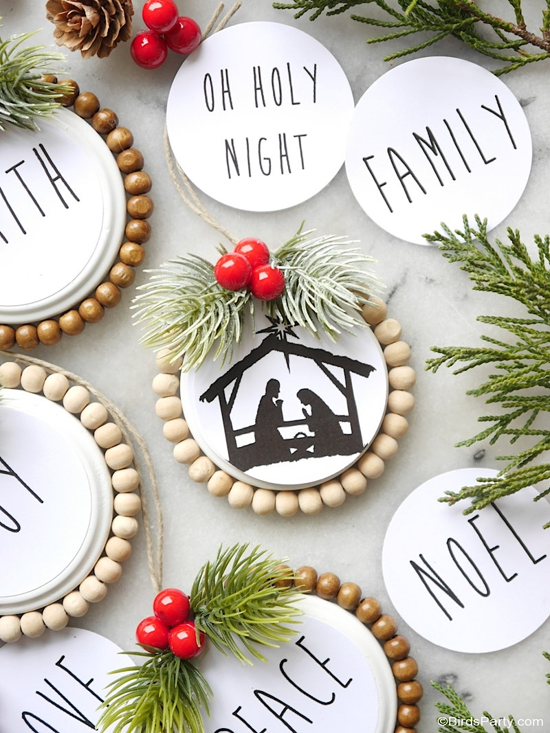 DIY Rae Dunn Inspired Christmas Tree Ornaments With Printables - easy, quick recycled ornaments to craft printable gift tags in a farmhouse style!