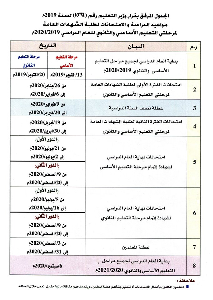 وزارة التربية والتعليم ليبيا جدول الامتحانات مراحل التعليم الأساسي