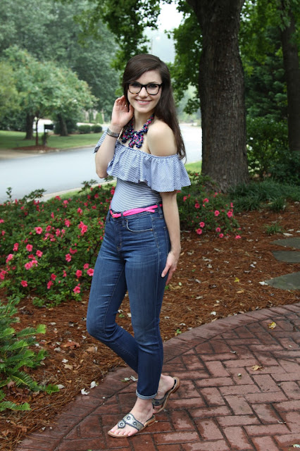 2017, summer, neon, J.Crew, statement necklace, stripes, off-the-shoulder, pink, 