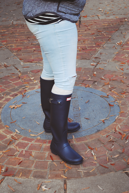 An outfit inspiration post featuring a J. Crew Factory herringbone vest, J. Crew shirt, and tall navy Hunter boots.