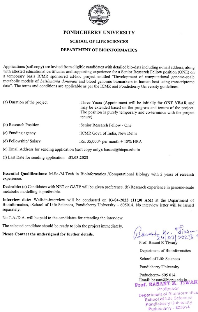 Pondicherry University Bioinformatics SRF Walk IN