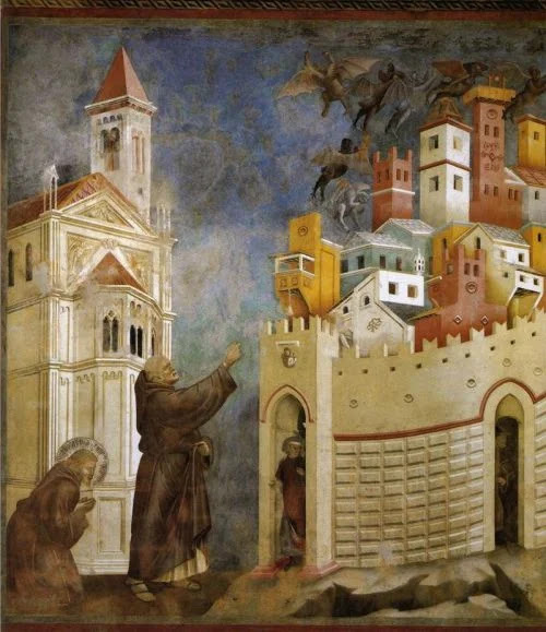 São Francisco de Assis pratica um exorcismo contra os demônios de Arezzo; afresco de Giotto.