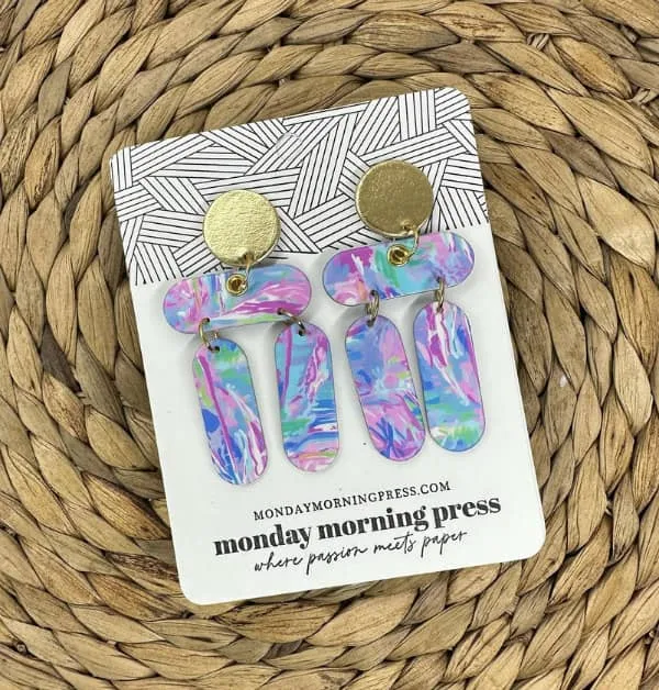 pastel paper dangle earrings on shop backing card