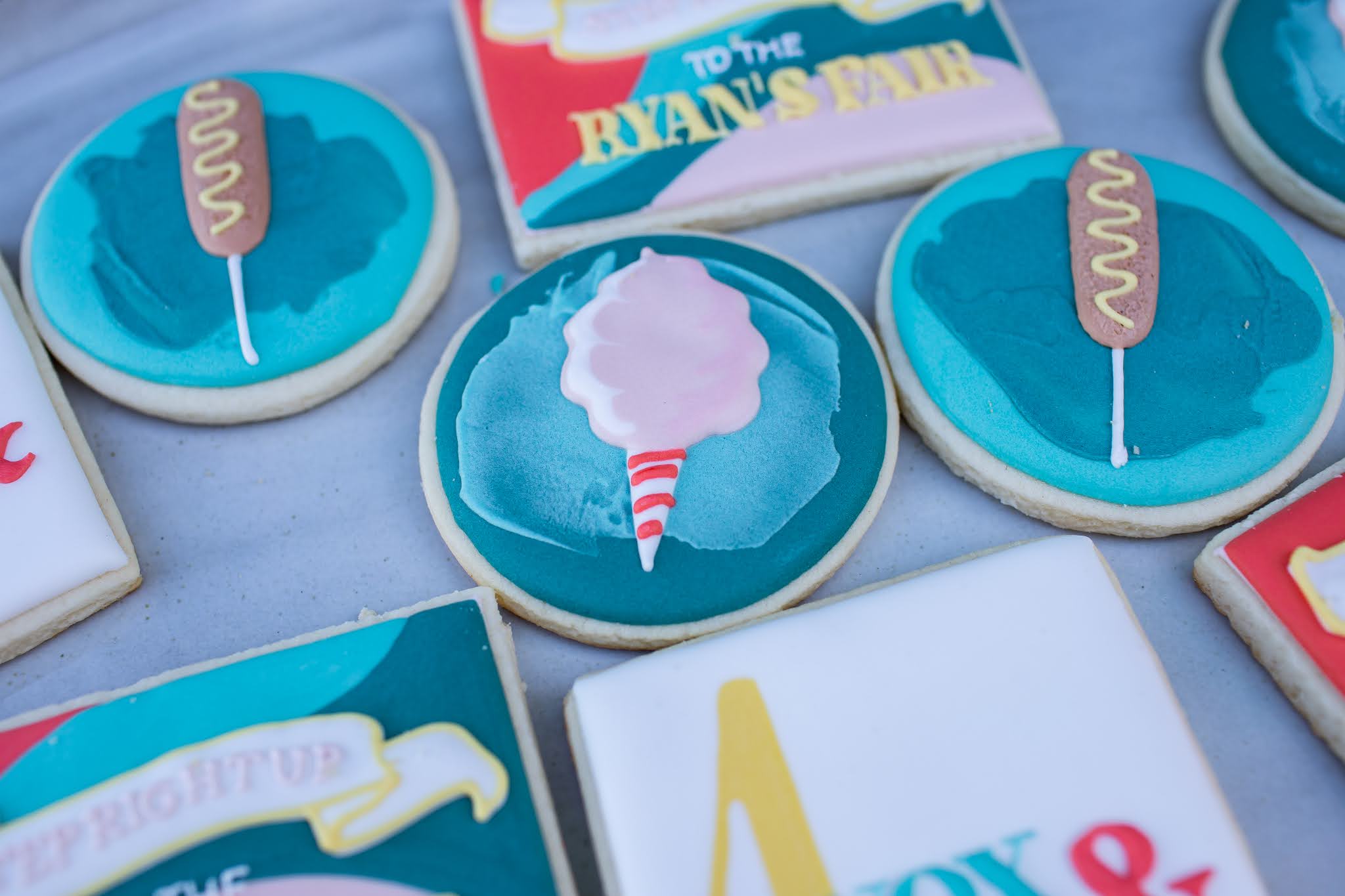 Custom cotton candy and corn dog cookies for modern state fair birthday party