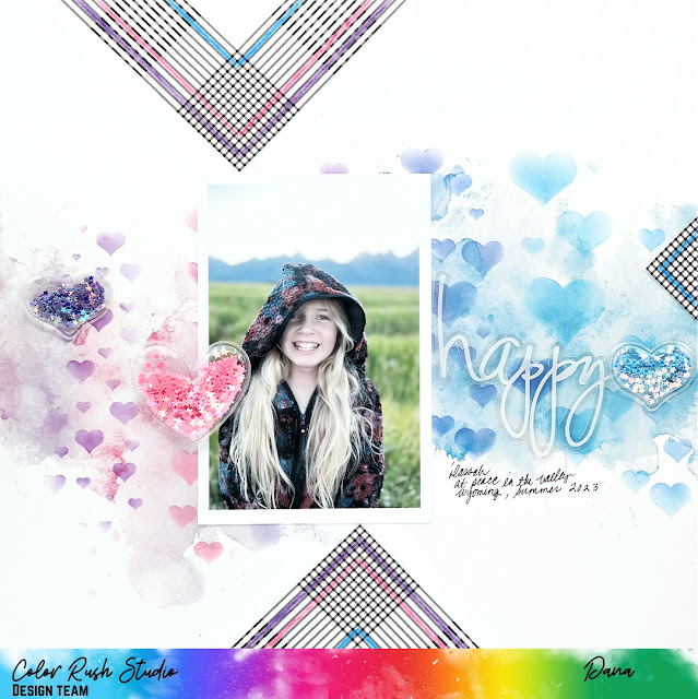 Mixed Media Scrapbook Layout with Dye Ink, Watercolor Pencils, and Stenciled and Shaker Heart Embellishments