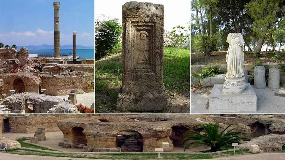 Руины Карфагена на фоне Средиземного моря: отреставрированная римская колонна, мраморная скульптура, Тофет