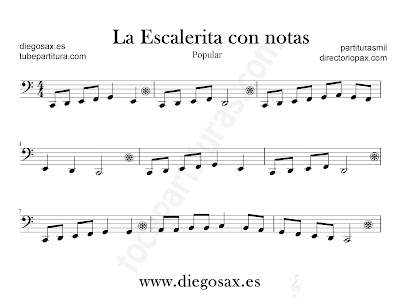 La escalerita con notas partitura para Trombón, Tuba, Violonchelo, Fagot, Bombardino... en Clave de Fa