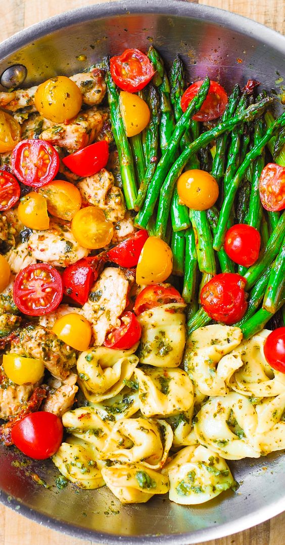 One-Pan Pesto Chicken, Tortellini, and Veggies, Asparagus, Tomatoes – healthy, refreshing, Mediterranean-style dinner. Spring and Summer Dinner Recipe!