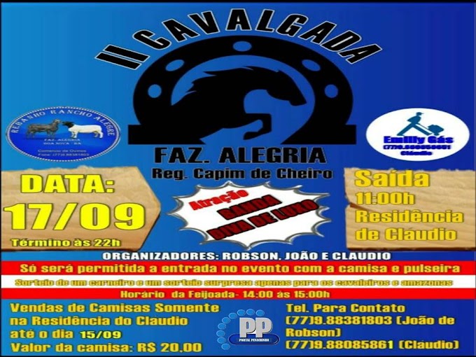 II CAVALGADA DA FAZENDA ALEGRIA ACONTECE NESTE DOMINGO 17; GARANTA JÁ SUA CAMISA