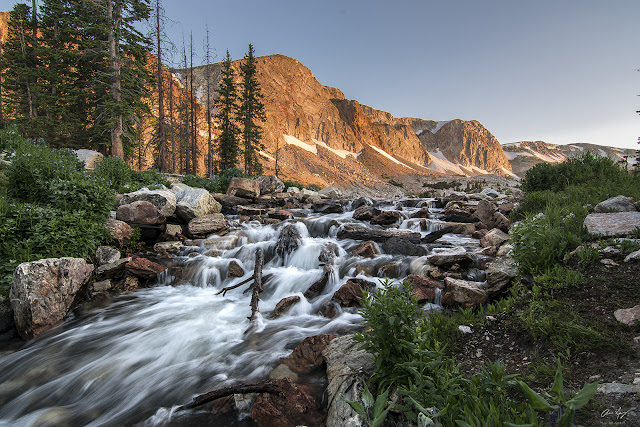 waterfall flowing from Lake Marie with Medicine Bow Peak 