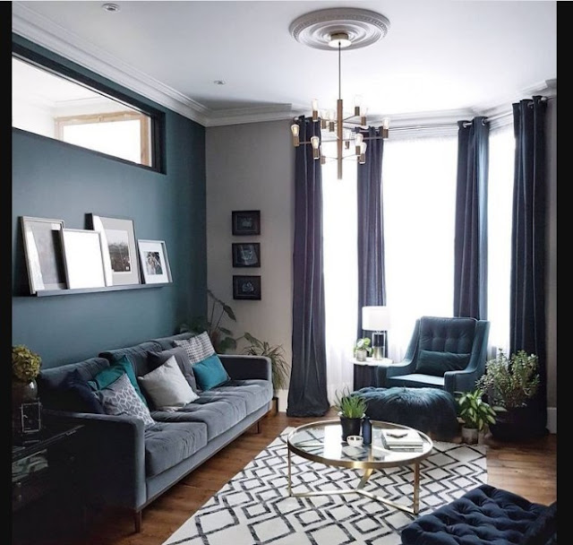 Teal Lounge Design with windows and pictures combined with dark photo gray and white room