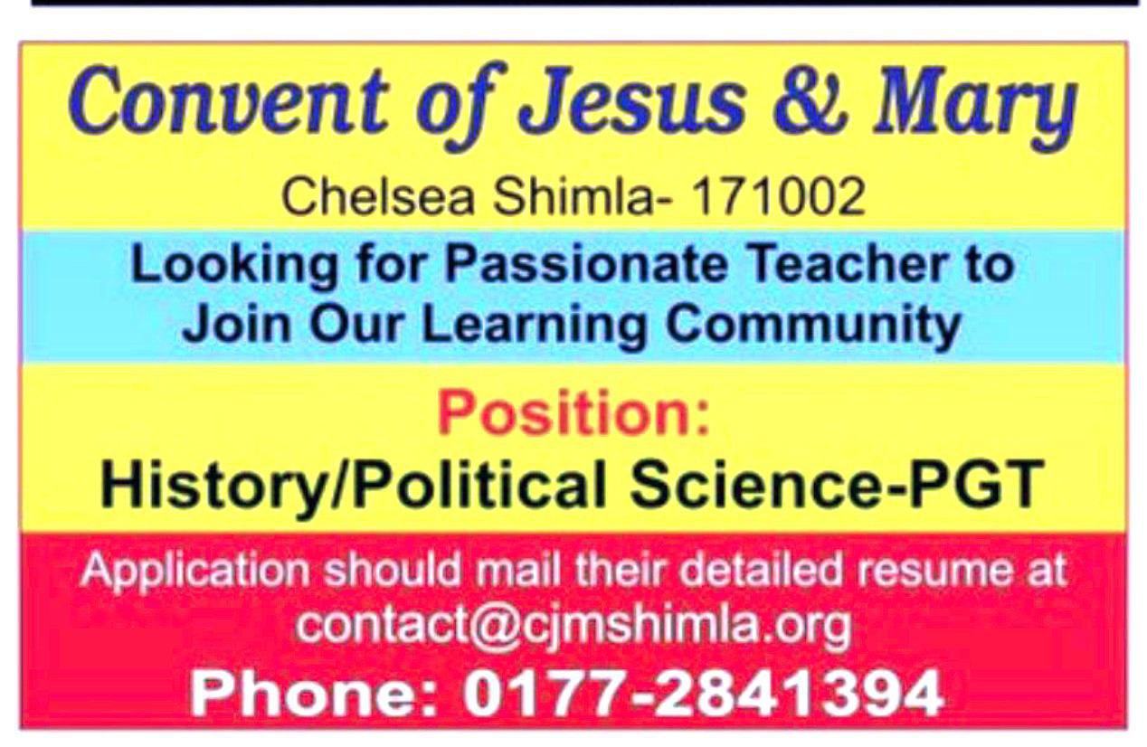 Convent of Jesus & Mary, Chelsea  Shimla Teaching Staff Recruitment 2023